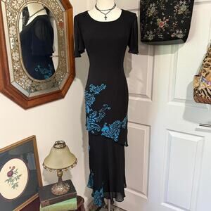 VTG Y2K Eva Blue Black & Teal Paisley Beaded Sequin Asymmetric Layer Maxi Dress